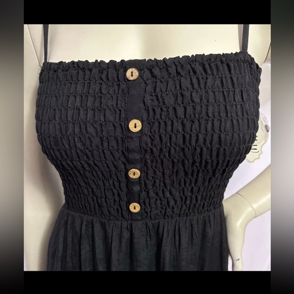 AUW SMOCKED BODICE BLACK FLARE HEM MAXI DRESS BOHO CHIC LARGE - Picture 6 of 15